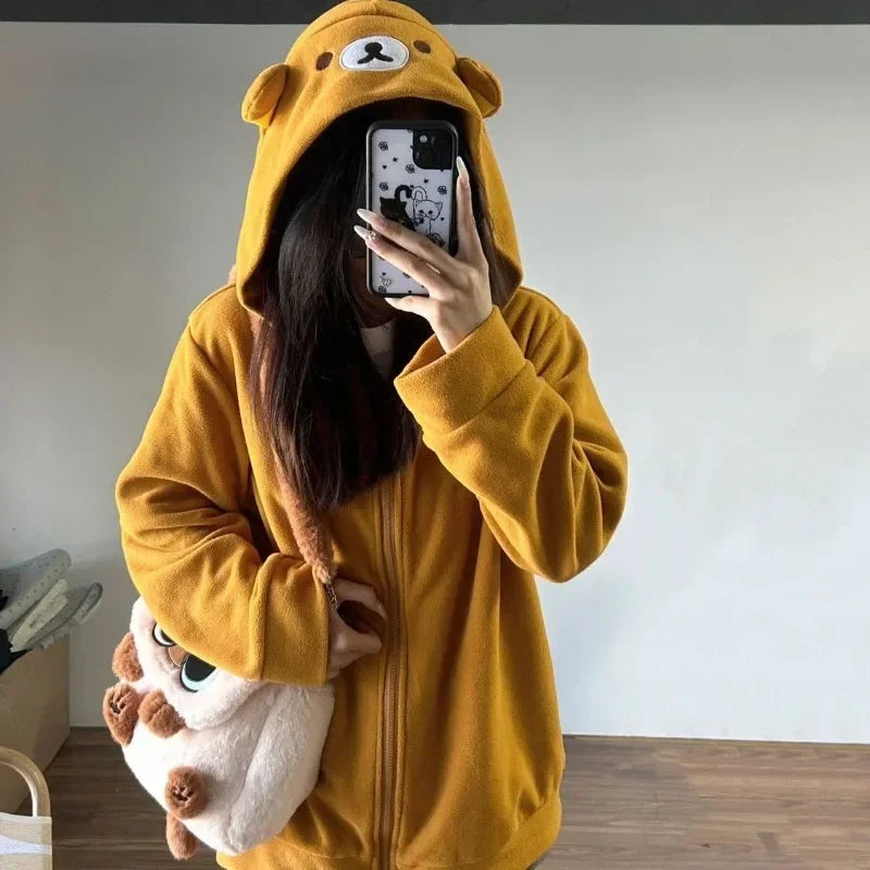 Bear Themed Oversized Zip Up Hoodie