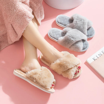 Fluffy Cross Band Slippers