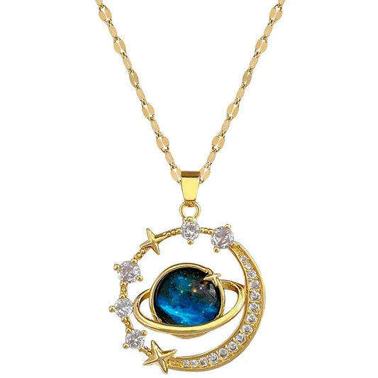 Inlaid Zircon Saturn Pendant Necklace