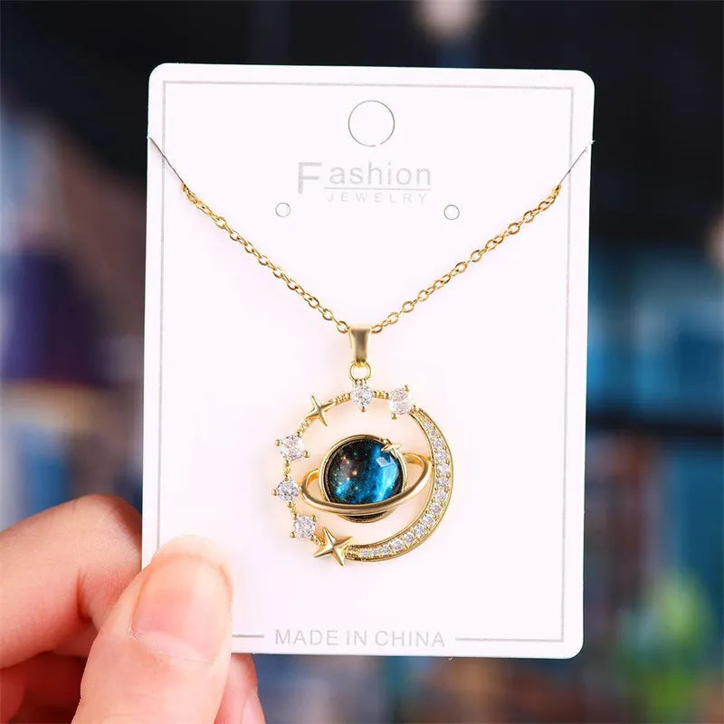 Inlaid Zircon Saturn Pendant Necklace