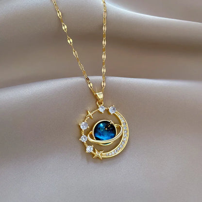 Inlaid Zircon Saturn Pendant Necklace