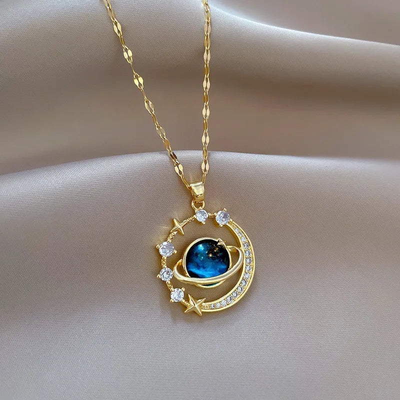 Inlaid Zircon Saturn Pendant Necklace