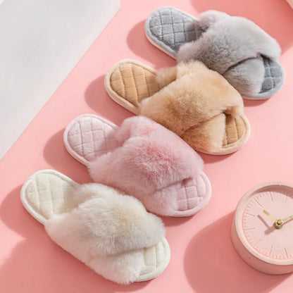 Fluffy Cross Band Slippers