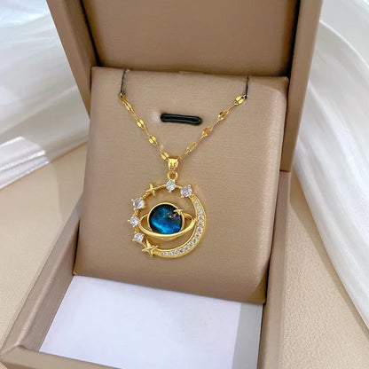 Inlaid Zircon Saturn Pendant Necklace