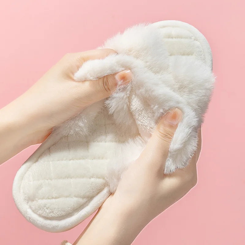 Fluffy Cross Band Slippers