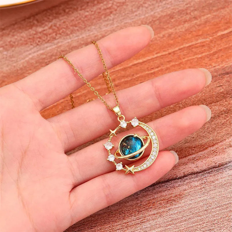 Inlaid Zircon Saturn Pendant Necklace