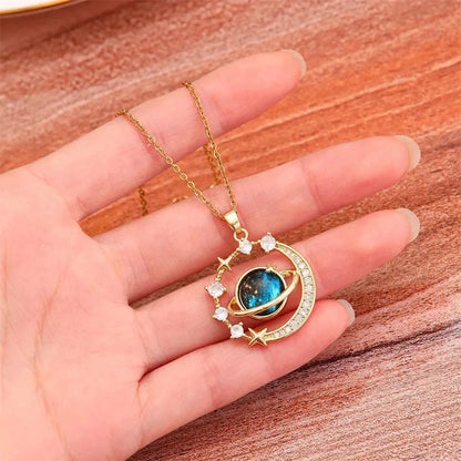 Inlaid Zircon Saturn Pendant Necklace
