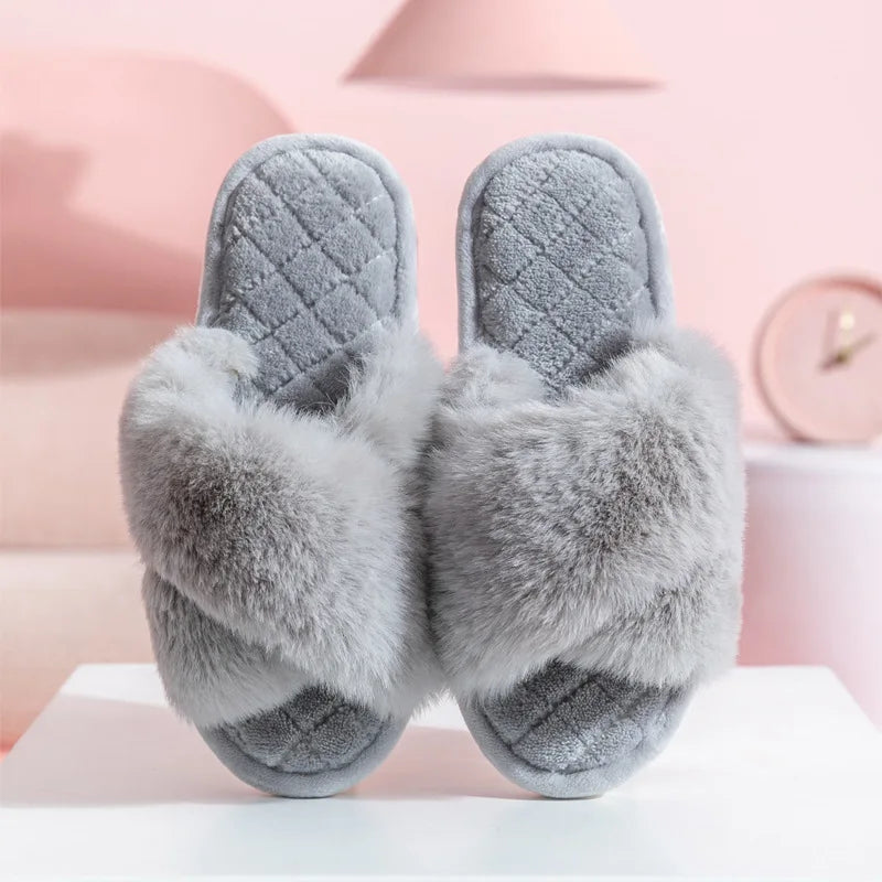 Fluffy Cross Band Slippers